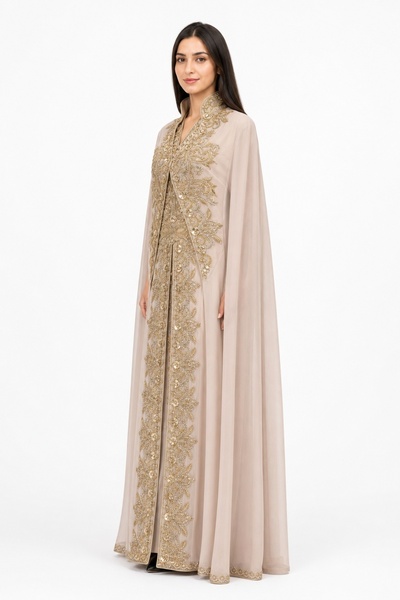 MOHAMED ZAHABI Women's Long Caftan with Hand Embellishments and Open Book Style Collar, Model 03