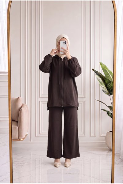 MİHRA STORE Nilbahar Hooded Zippered Pants Set-Ma2877 Brown