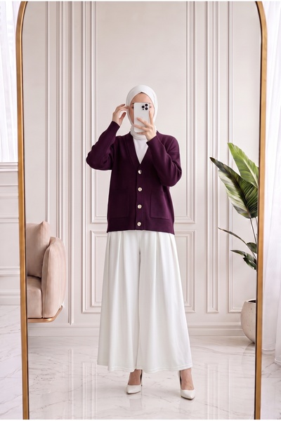 Holehola Ahubanu Gold Buttoned Double Pocket Knitwear Cardigan-Kr6060 Plum