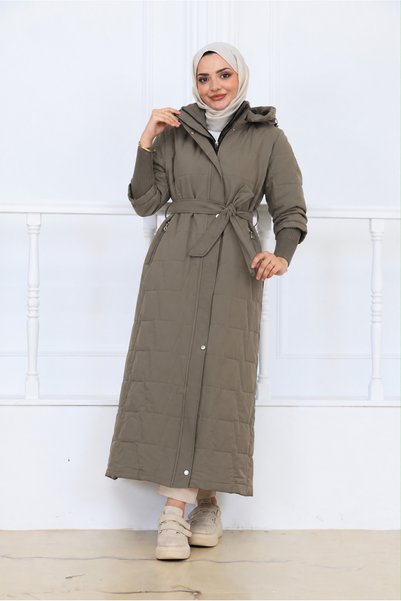 Esra Butik78 Montana Kapitone Kaban 150 gr Elyaf Dolgulu Kuşaklı-Toprak Rengi