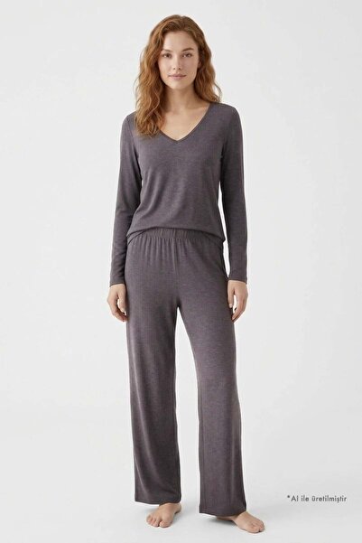 Cottonhill Premium - Serene Collection | Vizon Rib Dokulu Bol Paça V Yaka Vis...
