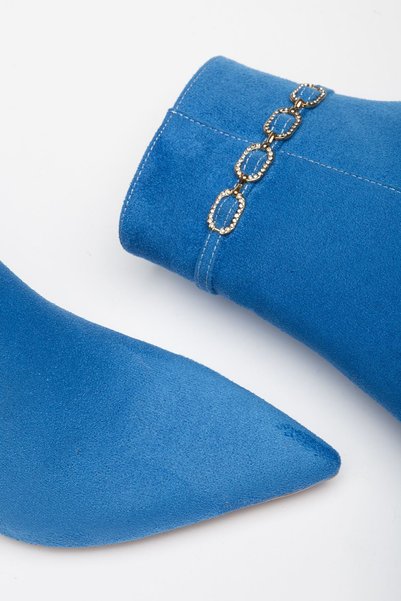 Hayalimdeki Ayakkabı Zigas Women's Blue Suede Buckle Thin Heeled Pointed Toe Boots