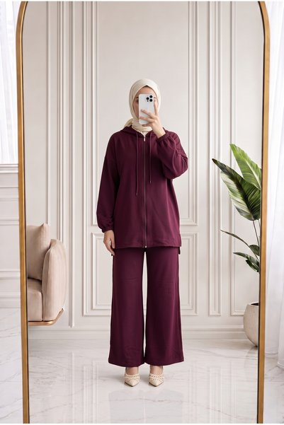 MİHRA STORE Nilbahar Hooded Zippered Pantsuit-Ma2877 Claret Red