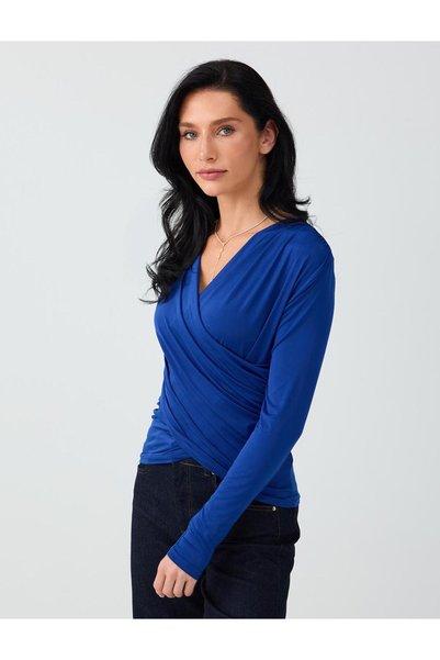 Jimmy Key Cobalt Cross Collar Slim Fit Long Sleeve Blouse