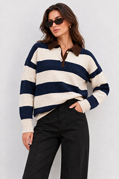MADAM LİONESS Pulover tricotat pentru femei, cu dungi, cu guler polo