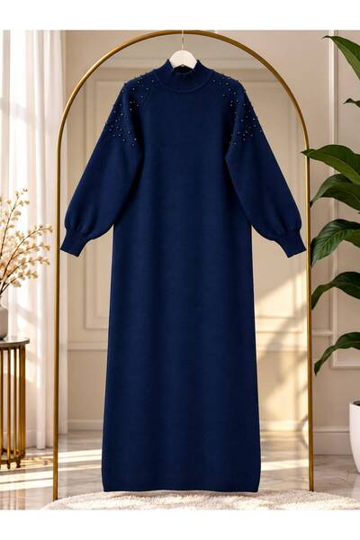 YILMAZBARMAZ Women's Hijab Shoulder Pearl Detailed Knitwear Dress