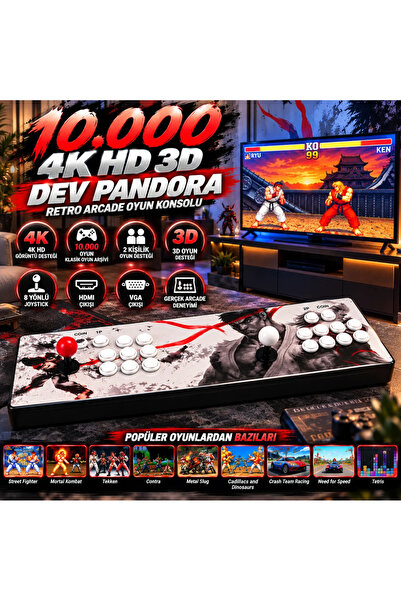 Dev Pandora Arcade 10.000 Oyun 4K HD 2 Kişilik Büyük Boy Retro Oyun Konsolu