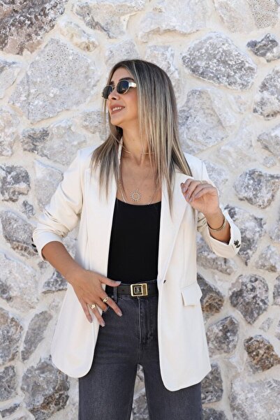 bytugcekaya Blazer din piele ecru cu detalii nasturi