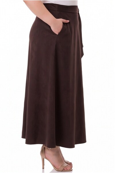 DISENTIS MODEST Plus Size Suede Long Brown Skirt with Elastic Waist at the Back, Zipper and Belted Pockets