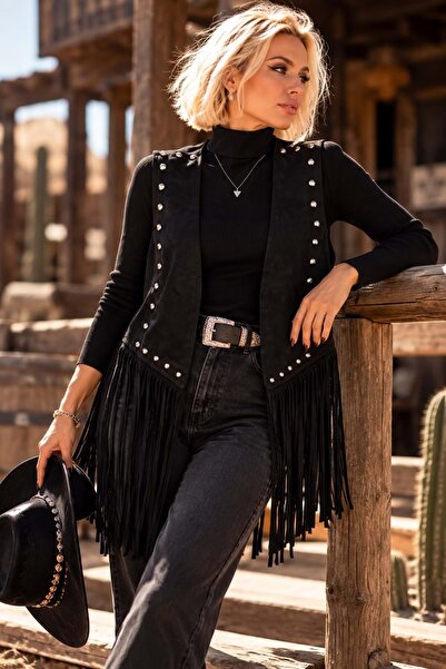 ibeeka Western Style Women's Black Color Tassel Studded Detail Vest