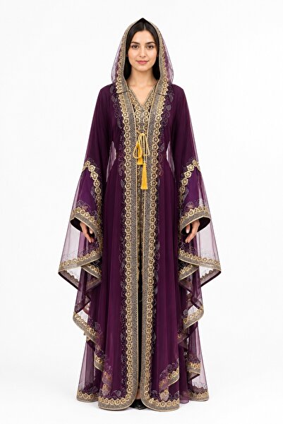 MOHAMED ZAHABI Women's Long Caftan with Shiny Stones and Chiffon Two Piece Ca...
