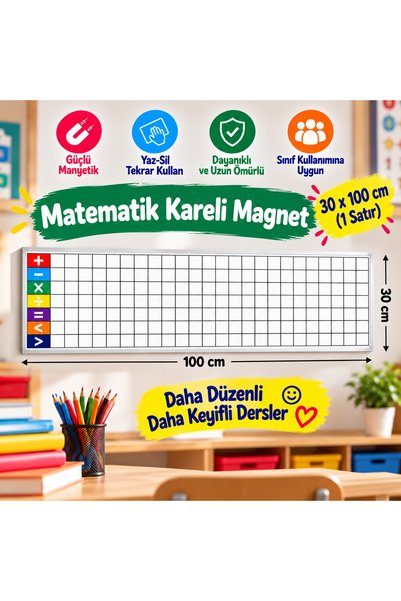 OnurStore Kareli Matematik Tahta Magneti – 30x100 cm – Yaz Sil Tekrar Kullan