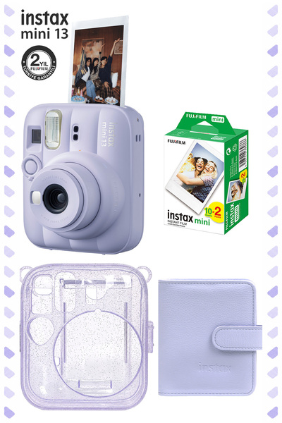 Fujifilm Instax Mini 13 Dreamy Purple Fotoğraf Makinesi Deri Albüm Pleksi Kılıf ve 20'li Film Hediye Seti