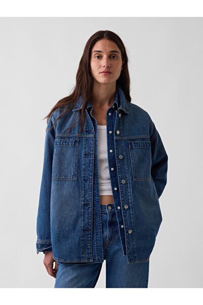 GAP Kadın Mavi Denim Oversized Gömlek Ceket