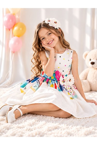 Lindissima Girl's Jacquard Fabric Dress, Colorful Patterned, Stone Detailed Floral, with Crown Accessory
