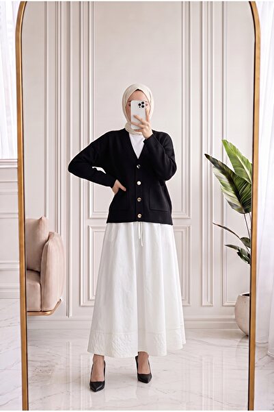 Holehola Ahubanu Gold Button Double Pocket Knitwear Cardigan-Kr6060 Black
