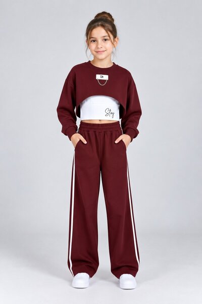 CansınMini Set 3 piese pentru fete, culoare burgundy, cu lanțuri decorative, ...