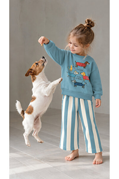 Unisex Happy Little Friends Köpek Baskılı Sweatshirt & Çizgili Pantolon Takımı 🐶💙
