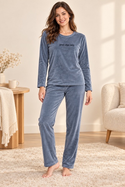 CottonVia قماش مخملي، طقم بيجامة نسائي، 100% قطن، أكمام طويلة، ياقة دائرية، ب...