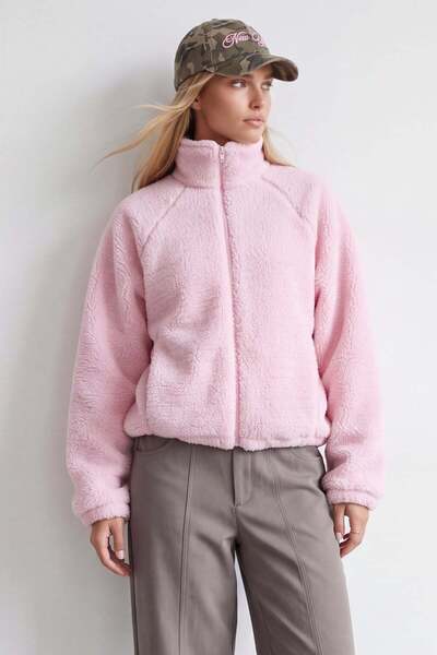 Trend Alaçatı Stili Women's Pink Stand Collar Lined Plush Coat Alc-X15955