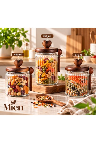 Genel Markalar Mien 3’lü Cam Kavanoz Seti – Ahşap Kapaklı ve Kaşıklı | 760 ml...
