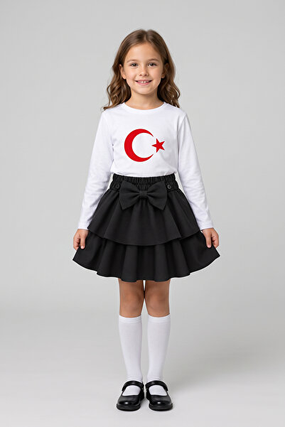 nacar çarşı Tricou alb cu mânecă lungă și imprimeu cu steag pentru fete, fust...