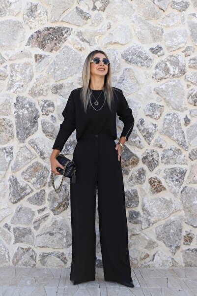 bytugcekaya طقم بلوزة وبنطلون أسود بسحاب خلفي