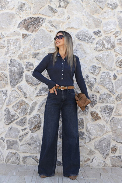bytugcekaya Blugi bleumarin cu picior larg, cu aspect uzat