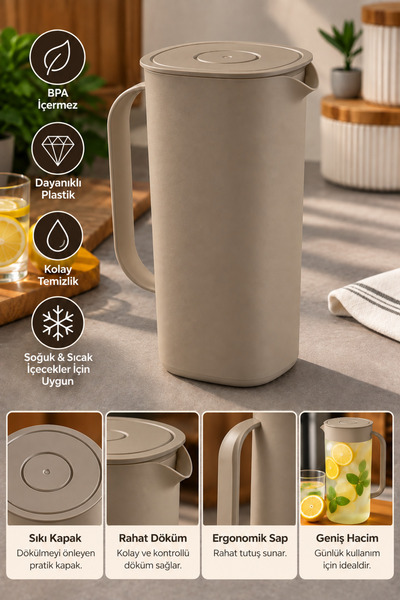 DOVİHOME Kapaklı Plastik Sürahi Kahverengi 1,8 Litre