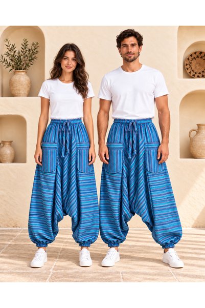 Afil Collection Pamuklu Şalvar Standart Beden Kadın Erkek Bel ve Paça Lastikl...