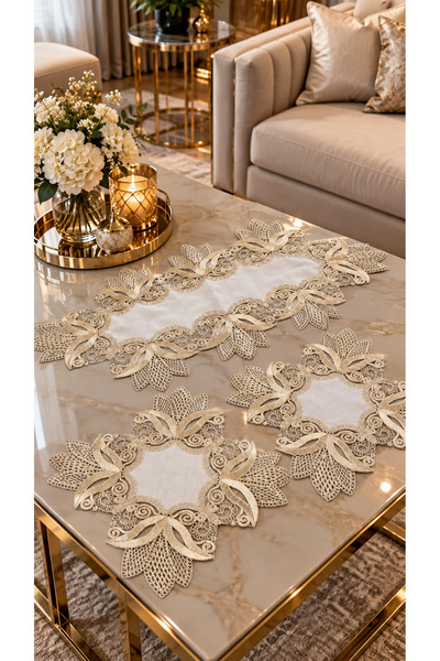 Çt Çeyizci Tekstil 3 Parça Krem Dantelli Runner ve Sehpa Örtüsü Seti – Salon,...