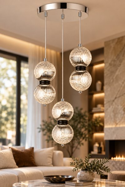 Begüsa Arven LED 3.Lü Tepsili Avize Krom Kaplama Modern Şık Dekoratif Salon A...
