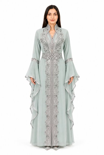 MOHAMED ZAHABI Women's Long Caftan with Embroidery and Shiny Stone Work and B...
