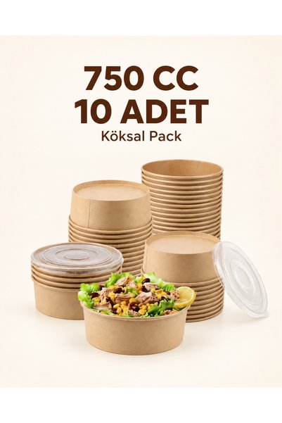 Köksal Pack 10 Adet 750 cc Kraft Karton Kapaklı Salata Kasesi Bowl Makarna Su...