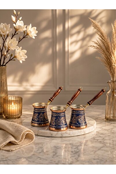 Generic Brand Set of 3 Turkish Coffee Pots with Wooden Handles, Decorative Blue Coffee Maker Pots for Arabic & Turkish Coffee || Made in Türkiye
