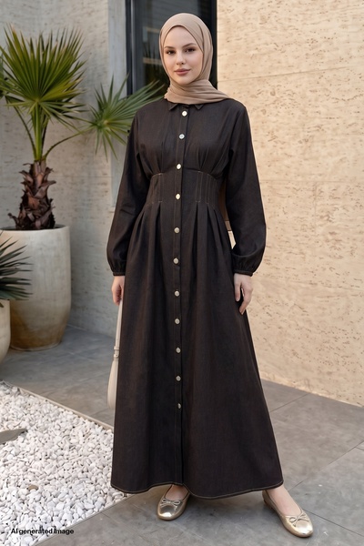 InStyle Buttoned and Pinned Bitter Brown Denim Dress
