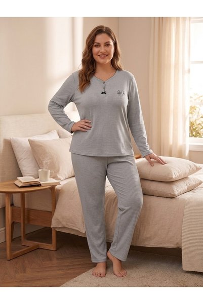 Asel Büyük Beden Uzun Kol Pamuklu Likralı İnterlok Kumaş Pijama Takımı