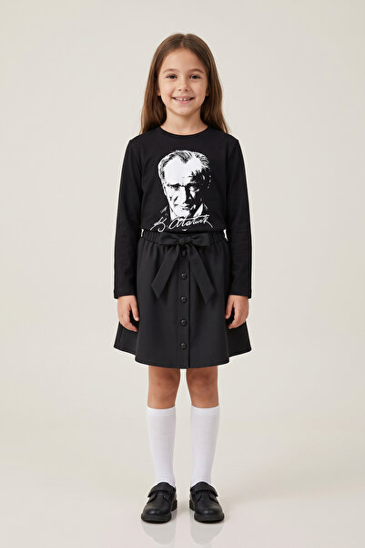 nacar çarşı Tricou negru cu mânecă lungă pentru fete, cu fundă neagră și fust...