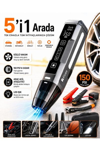 abnturk 5'İ 1 Arada Şarjlı Araç Acil Durum Seti Elektrikli Süpürge Hava Pompa...