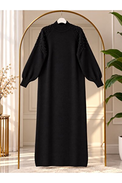 modasindoma Women's Hijab Shoulder Pearl Detailed Knitwear Dress Black