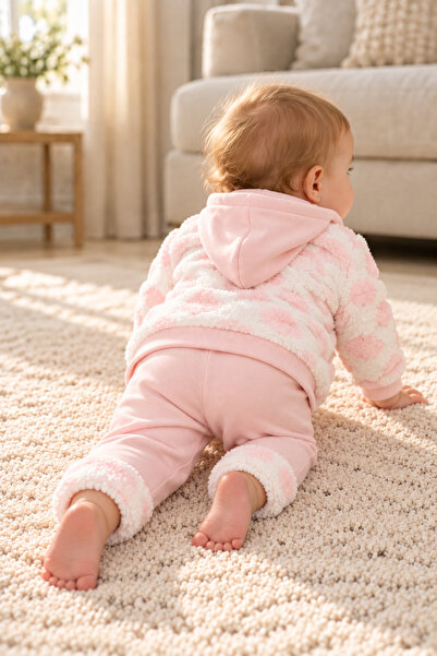 AHENGİM Baby Girl 3 Piece Set Hooded Plush Jacket Teddy Bear Embroidered Top and Pants Ak2482