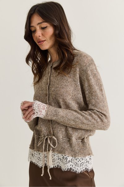 Bianco Lucci Women's Mink Lace Detailed Waist I P Tie Buttoned Knitwear Cardigan Th261085 60286621