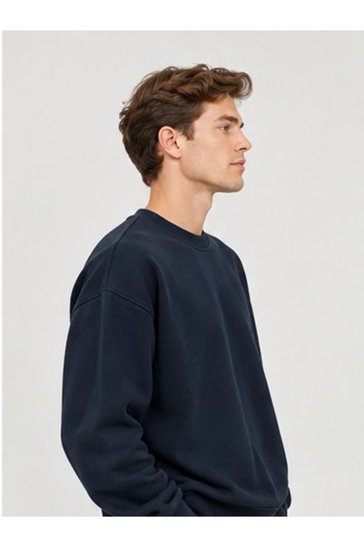 Vasto Moda Erkek Oversize Kalın Dokulu 3 İplik Şardonsuz Ribanalı Bisiklet Yakalı Basic Sweatshirt