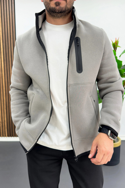 Edwox Men's Pocket Detailed Stand Collar Cardigan Gray Edw521