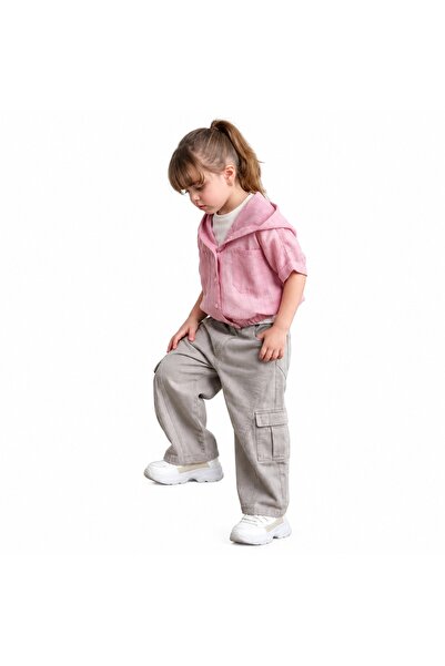 Other Girls Casual 3 Piece Set Pink Hooded Jacket & White T-Shirt & Grey Cargo Pants