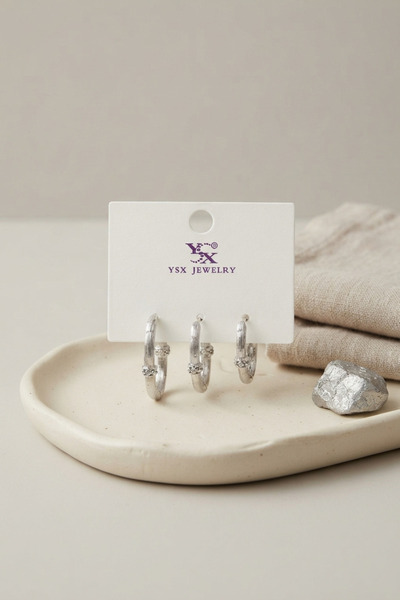 Clariss Brass Silver Color Square Model 3-Piece Earring Set