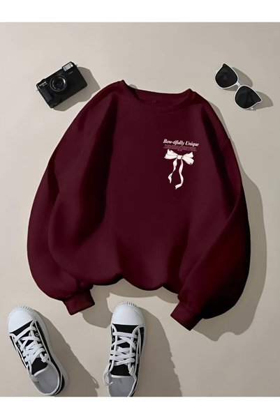 Hira Online Women's Three-Thread Ribbon Printed Oversize Sweatshirt