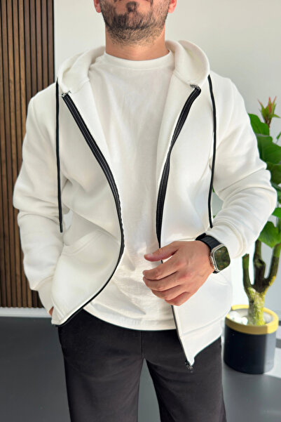 Edwox Men's Kangaroo Pocket Hooded Zippered Cardigan White Edw519