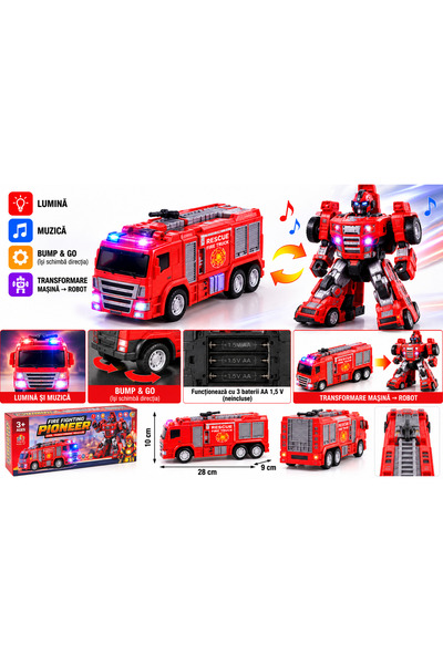 Generic Brand Mașină de Pompieri Transformabilă în Robot, Lumini și Sunete, B...