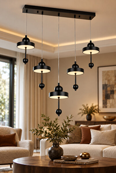 Begüsa Vermale LED 5.Li Sıralı Avize Siyah Modern Şık Dekoratif Yemek Masası ...